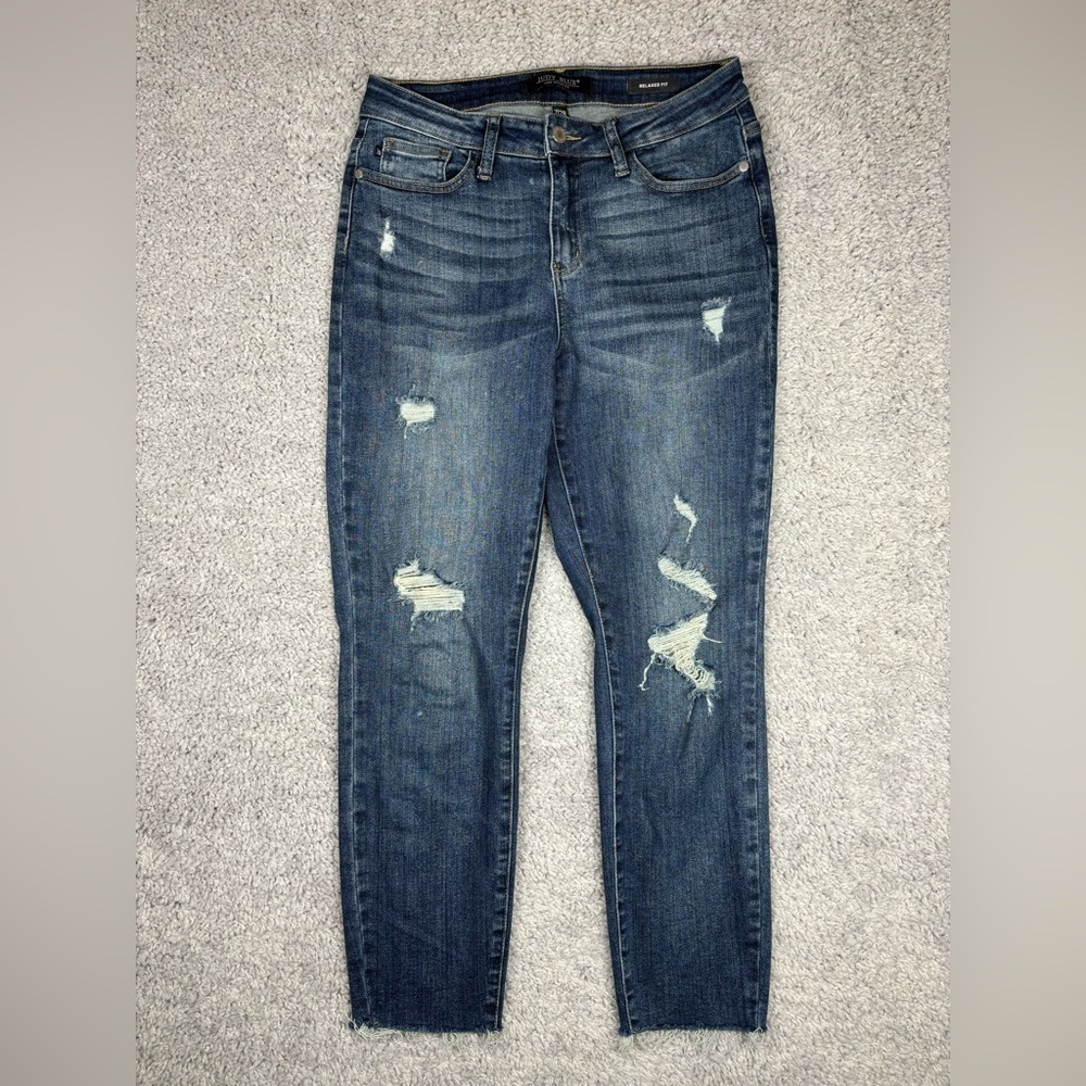 Judy Blue Jeans Womens 7 Mid Rise Vintage Relaxed Fit Distressed Holes JB88135